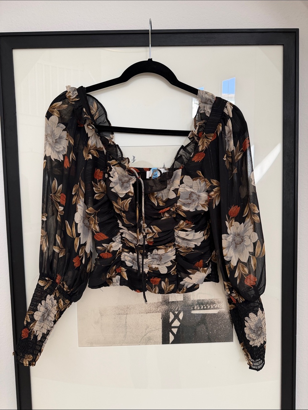 Astr Black Floral Sheer Ruched Puff-Sleeve Crop Top
